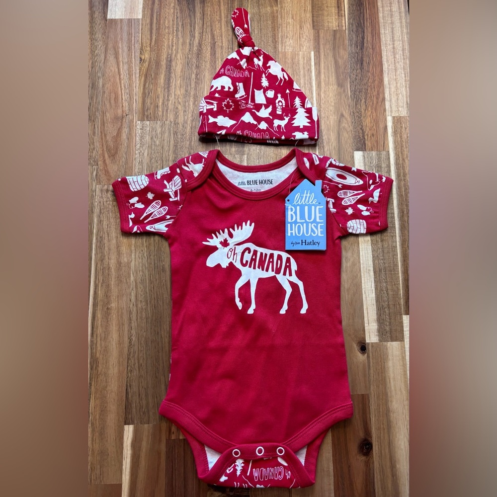 Little Blue House Hatley Baby Size 6-12 M NWT Oh Canada Moose Red Bodysuit & Cap